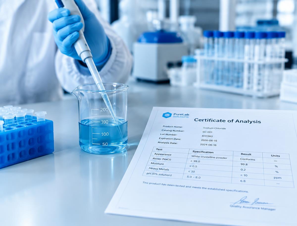 Pipetting in a laboratory beside a printed certificate of analysis