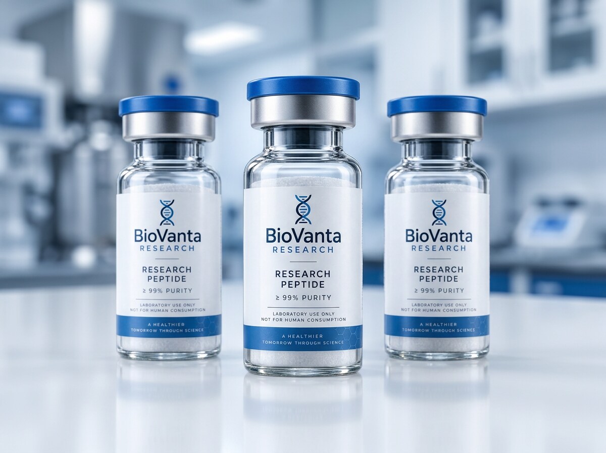Research peptide vials with blue caps on a laboratory bench